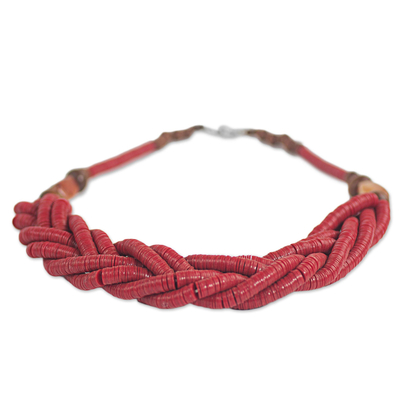 Geflochtene Perlenkette - Handgefertigte rote geflochtene Perlenkette mit Holz und Achat