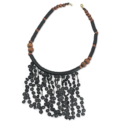 Beaded waterfall necklace, 'Black Taowre' - Black Recycled Plastic and Wood Artisan Crafted Necklace