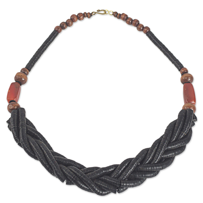 Handcrafted Black Braided Bead Necklace with Wood and Agate