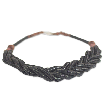 Braided bead necklace, 'Sosongo in Black' - Handcrafted Black Braided Bead Necklace with Wood and Agate