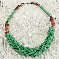 Braided bead necklace, 'Sosongo in Green' - Handcrafted Green Braided Bead Necklace with Wood and Agate