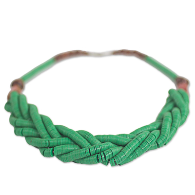 Braided bead necklace, 'Sosongo in Green' - Handcrafted Green Braided Bead Necklace with Wood and Agate