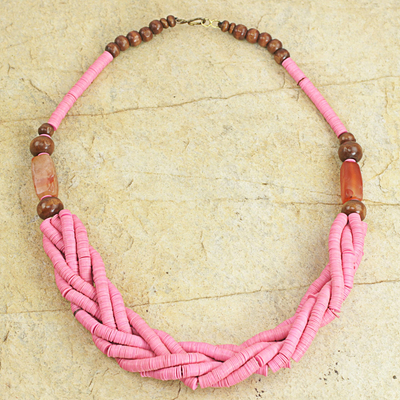 Braided bead necklace, 'Sosongo in Pink' - Handcrafted Pink Braided Bead Necklace with Wood and Agate