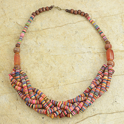Braided bead necklace, 'Multicolor Sosongo' - Artisan Multicolor Braided Bead Necklace with Wood and Agate