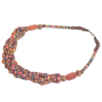 Braided bead necklace, 'Multicolor Sosongo' - Artisan Multicolor Braided Bead Necklace with Wood and Agate