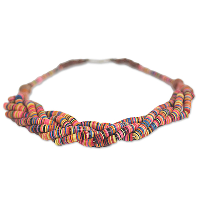 Geflochtene Perlenkette - Handgemachte mehrfarbige geflochtene Perlenkette mit Holz und Achat