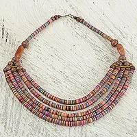 Beaded necklace, 'Multicolor Wend Panga' - Artisan Multicolor Bead Necklace with Wood Agate and Leather