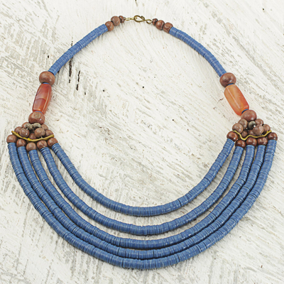 Beaded necklace, 'Wend Panga in Blue' - Artisan Blue Bead Necklace with Sese Wood Agate and Leather