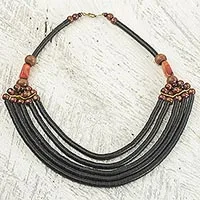 Beaded necklace, 'Wend Panga in Black' - Artisan Black Bead Necklace with Sese Wood Agate and Leather