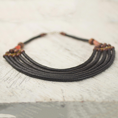 Beaded necklace, 'Wend Panga in Black' - Artisan Black Bead Necklace with Sese Wood Agate and Leather