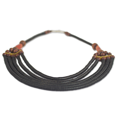 Beaded necklace, 'Wend Panga in Black' - Artisan Black Bead Necklace with Sese Wood Agate and Leather