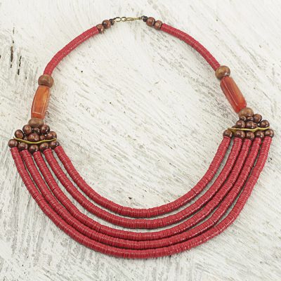 Beaded necklace, 'Wend Panga in Red' - Artisan Red Bead Necklace with Sese Wood Agate and Leather