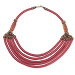 Beaded necklace, 'Wend Panga in Red' - Artisan Red Bead Necklace with Sese Wood Agate and Leather