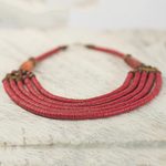 Beaded necklace, 'Wend Panga in Red' - Artisan Red Bead Necklace with Sese Wood Agate and Leather