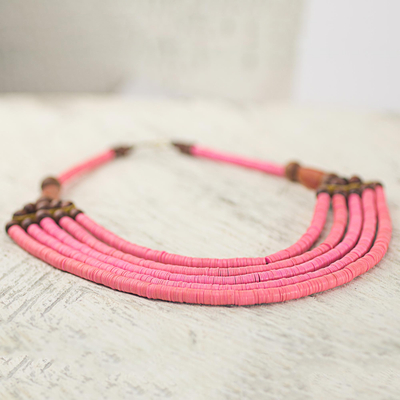 Beaded necklace, 'Wend Panga in Pink' - Artisan Pink Bead Necklace with Sese Wood Agate and Leather