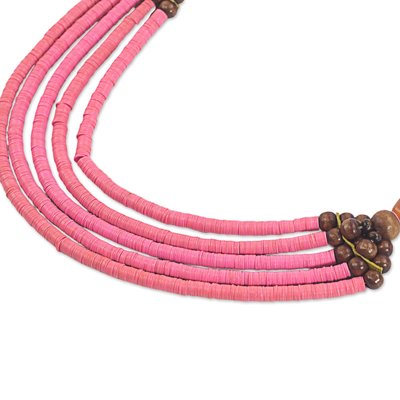 Beaded necklace, 'Wend Panga in Pink' - Artisan Pink Bead Necklace with Sese Wood Agate and Leather