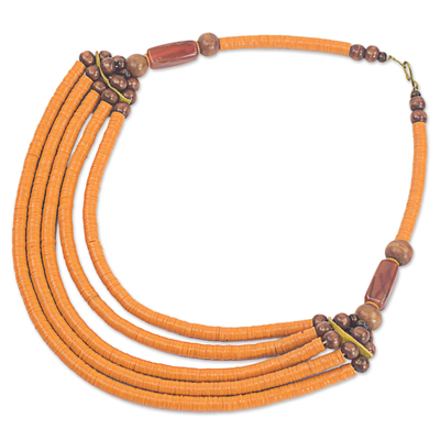 Perlenkette, 'Wend Panga in Orange' - Von Hand gefertigte Halskette mit afrikanischen orangefarbenen Perlen aus Achat und Holz