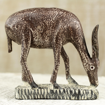 Wood statuette, 'Brown Antelope' - Dark Brown Wooden Grazing Antelope Statuette