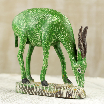 Wood statuette, 'Bright Green Antelope' - Bright Green Wooden Antelope Statuette with Brown Horns