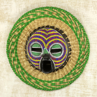 African beaded wood and raffia mask, 'True Child' - Hand Made African Mask with Wood, Bead and Raffia Accents