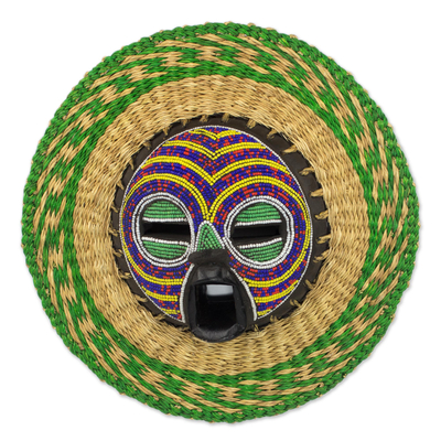 African beaded wood and raffia mask, 'True Child' - Hand Made African Mask with Wood, Bead and Raffia Accents