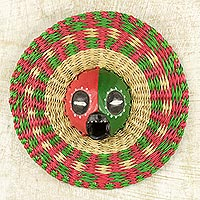 African wood and raffia mask, 'Ijeoma' - Hand Made African Mask with Wood and Raffia Accents