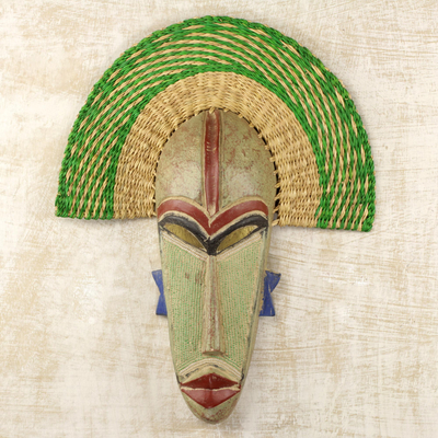 African wood and raffia mask, 'Akuwuezuika' - Hand Made African Mask with Wood and Raffia Accents