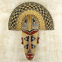 African wood and raffia mask, 'Prosper' - Hand Made African Mask with Wood and Raffia Accents