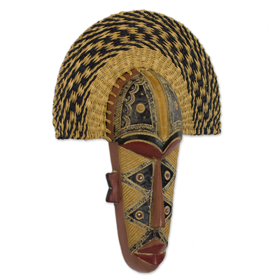 African wood and raffia mask, 'Prosper' - Hand Made African Mask with Wood and Raffia Accents