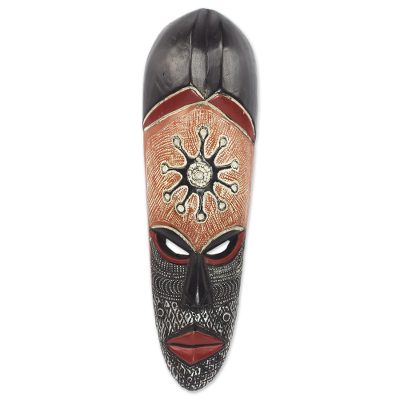 African wood mask, 'Osumboa Hene' - Hand-Painted African Wood Mask with Aluminum Details