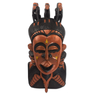 African wood mask, 'Beauty and Intelligence' - See No Evil Hand Carved Wood African Mask by Ghana Artisan