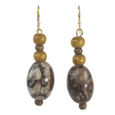 Recycled plastic and wood dangle earrings,