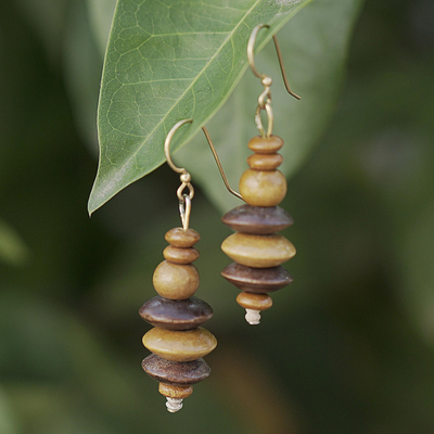 Wood dangle earrings, 'Norvi Pair' - Wood and Clay Dangle Earrings Brass Hooks from Ghana