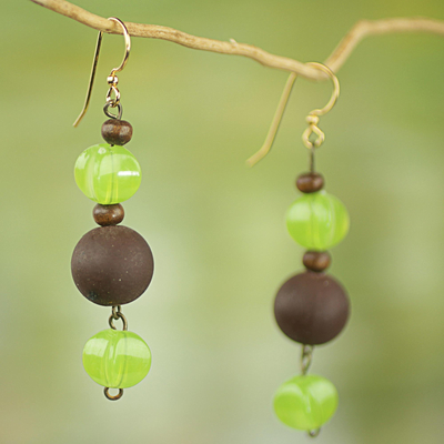 Recycled plastic and wood dangle earrings, 'Glorious Kafukafu' - Recycled Plastic Wood Dangle Earrings Brown Green Ghana