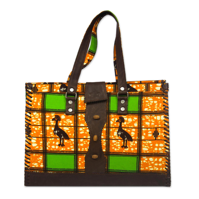 Leather and Cotton Leaf Print Handbag Handmade in Ghana