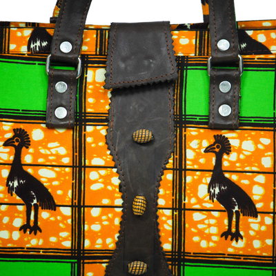 Cotton and leather accent handbag, 'Amorkor' - Leather and Cotton Leaf Print Handbag Handmade in Ghana