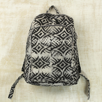 Cotton backpack, 'Abanga' - Black and White Batik Cotton Backpack with Shoulder Straps