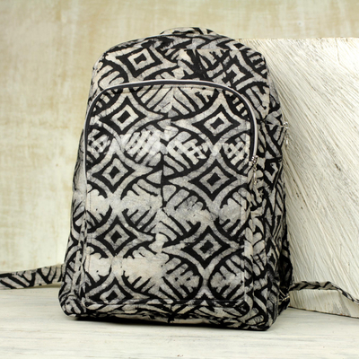 Cotton backpack, 'Abanga' - Black and White Batik Cotton Backpack with Shoulder Straps