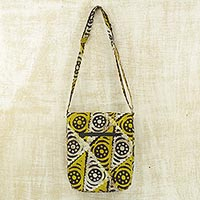 Batik cotton sling handbag, 'Triangle Happiness' (10 inch) - Batik Cotton Sling Handbag in Gold and Alabaster from Ghana