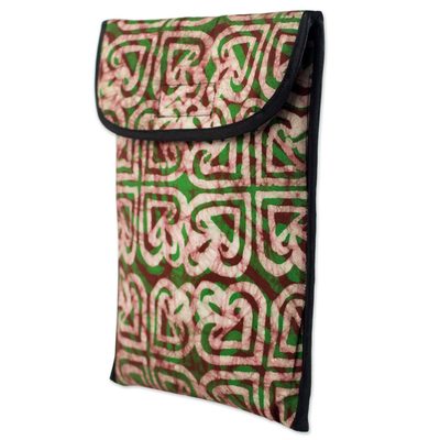 Cotton batik iPad case, 'Akoma Heart' - Batik Heart Pattern Green Cotton iPad Case by Ghana Artisan