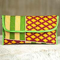 Cotton clutch handbag, 'Kente Joy' - 100% Cotton Multicolor Printed Clutch Handbag from Ghana