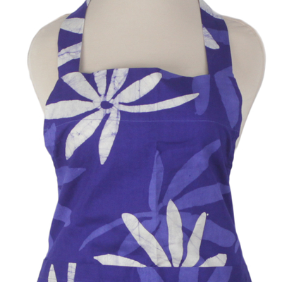 Cotton batik apron, 'Kitchen Blossoms' - Handmade Floral Blue Batik Cotton Apron from West Africa
