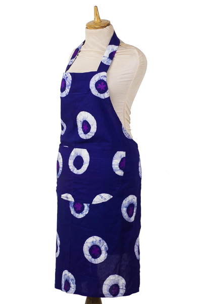 Cotton batik apron, 'Floral Fantasy' - Handmade Blue Batik Cotton Apron from West Africa