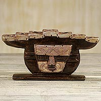 Wood candelabra, 'Stoic Face' - Hand Made Wood Candleholder Face from Ghana