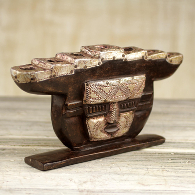 Wood candelabra 'Stoic Face' - Hand Made Wood Candleholder Face from Ghana