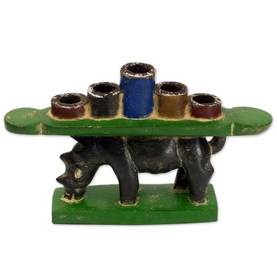 Wood candleholder, 'Back of a Rhino' - Hand Made Rhino Wood Multicolored Candleholder Ghana