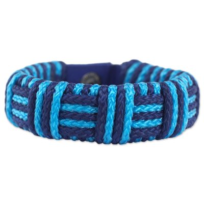 Cord bracelet, 'Blue Kente Power' - Blue Cord Striped Bracelet Handmade in Ghana