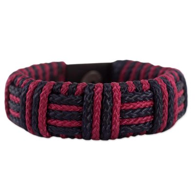Cord bracelet, 'Red and Black Kente Power' - Red and Black Cord Striped Bracelet Handmade in Ghana
