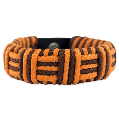 Cord bracelet, 'Brown and Orange Kente Power' - Brown and Orange Cord Striped Bracelet Handmade in Ghana