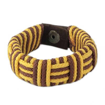 Cord bracelet, 'Brown and Yellow Kente Power' - Brown and Yellow Cord Striped Bracelet Handmade in Ghana